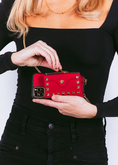 Studded Crossbody Wallet Case in Red