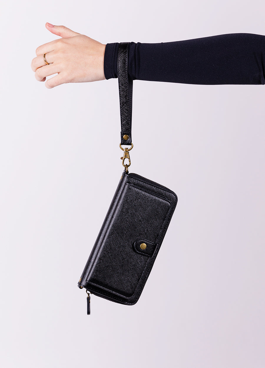 Leather Phone Purse Too - Phone Case with Tassel - Mini Bag - Gold Phone Cover with Cross Body Strap and Pocket Black