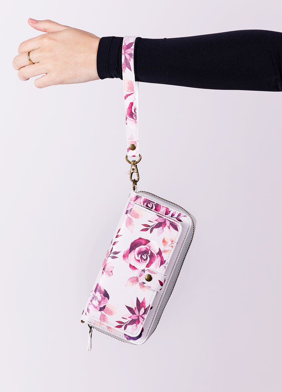 2-in-1 RFID Crossbody Wallet Phone Case in Black & Pink Floral