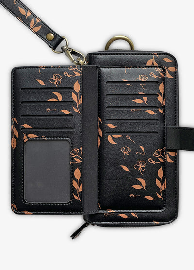 Ultimate Wristlet Phone Case in Black & Bronze Leaves