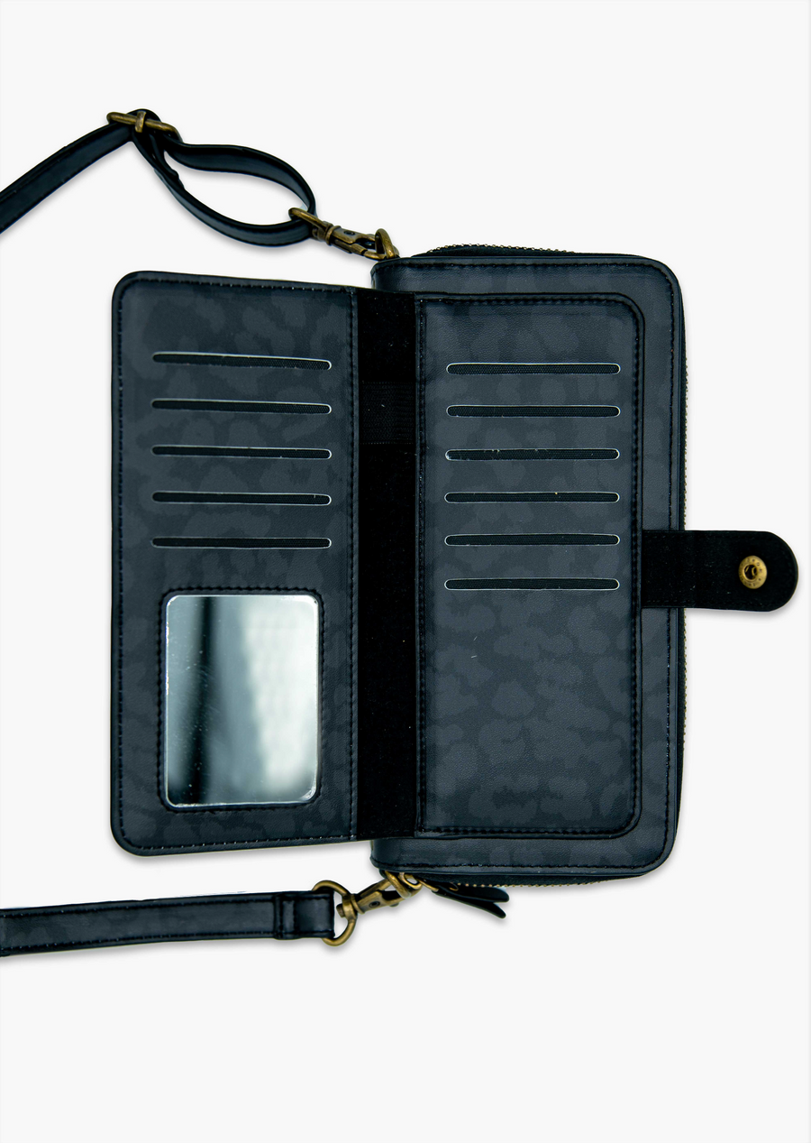 2-in-1 RFID Crossbody Wallet Phone Case in Black Leopard