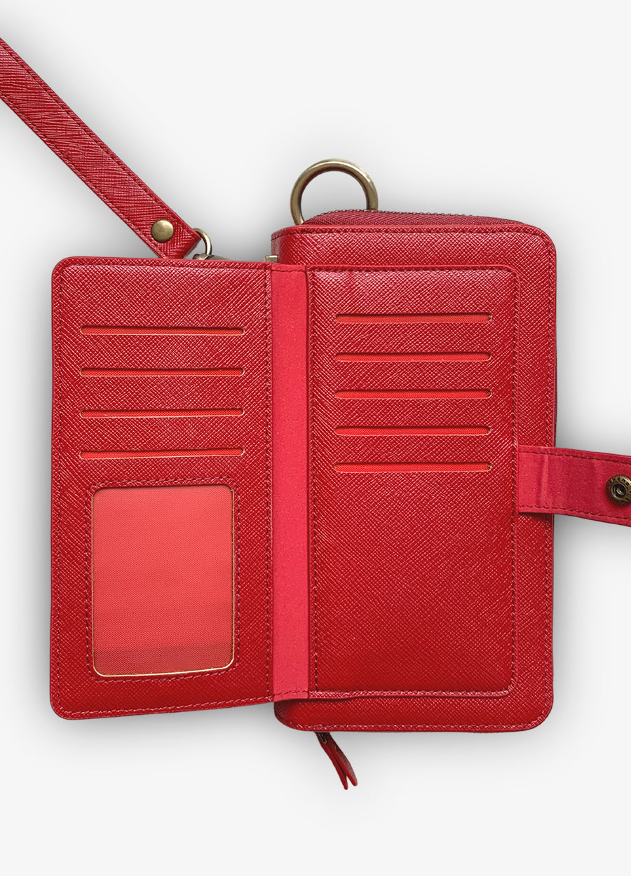 Fiery Red Saffiano And Leather Wallet With Shoulder Strap